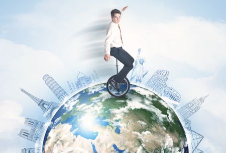 Man riding unicycle around the globe with major cities concept, ""Elements of this image furnished by NASA""