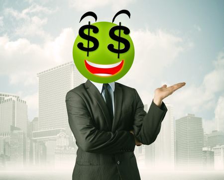 Businessman with dollar sign smiley face