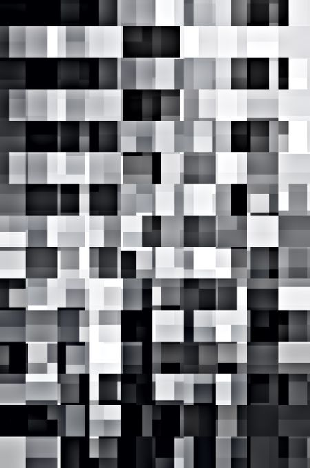 Kaleidoscopic black and white mosaic abstract of rows and columns of overlapping rectangles for decoration and backgrounds with urban or architectural themes of complexity, variation, multiplicity