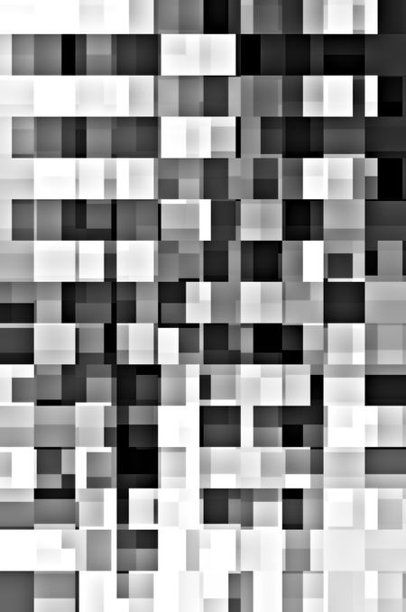 Kaleidoscopic abstract of rows and columns of overlapping rectangles, in black and white, for urban or architectural themes of complexity, variety, multiplicity