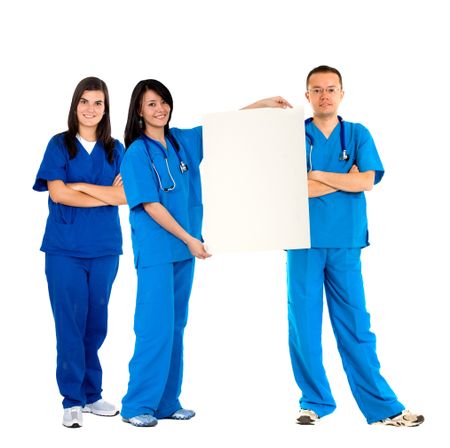 Doctors with surgical uniform holding a banner, isolated