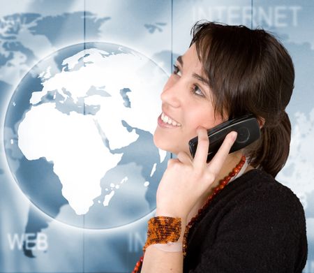 Business woman talking on the phone and a globe behind