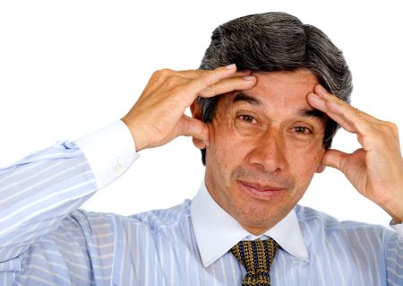 business man stressed with his hands on his head as if he had a headache - isolated over a white background