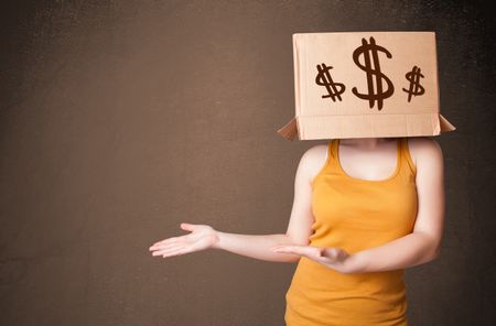 Young girl standing and gesturing with a cardboard box on his head with dollar signs