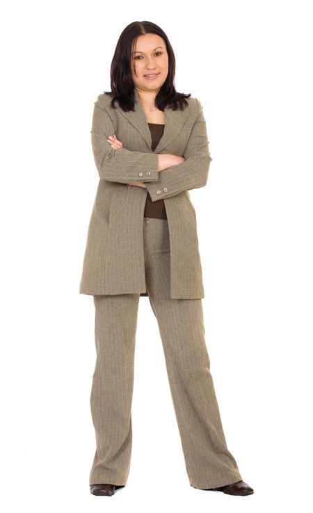 confident business woman standing wearing elegant grey - isolated over a white background