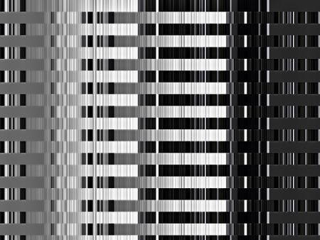 Geometric varicolored abstract pattern of rows of stripes, in black and white, like a bar-coded skyscraper, for decoration and background with themes of symmetry and urban architecture