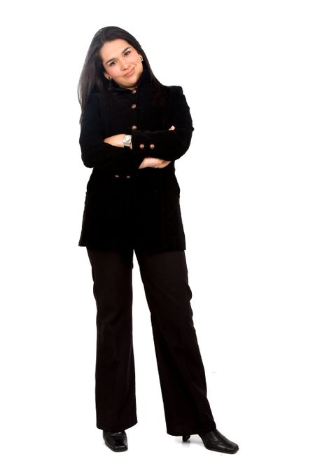 friendly business woman standing wearing elegant black clothes - isolated over a white background
