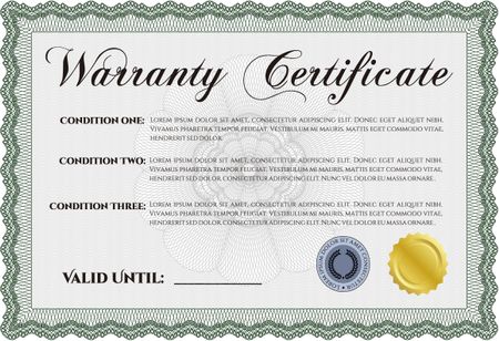 Warranty Certificate template. Perfect style. Complex border design. With background. 