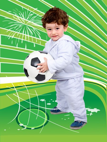 little kid with a football over a green background