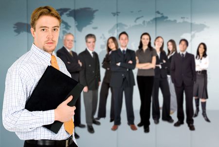 businessman with business team in an office background with the worldmap