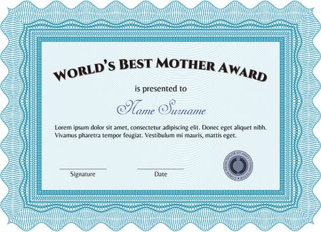 World's Best Mother Award. Lovely design. With great quality guilloche pattern. Detailed.