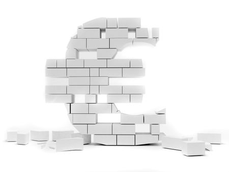 Euro symbol built on bricks collapsing isolated over white