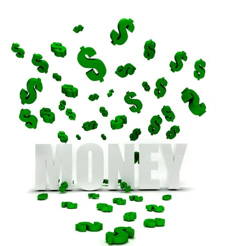 Dollars symbols raining over the word money isolated