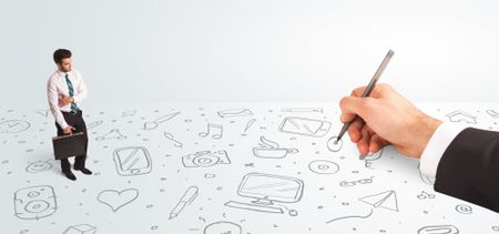 Little businessman looking at hand drawn icons and symbols concept on background
