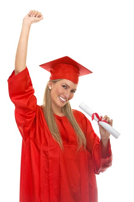 Happy female graduate isolated over a white background