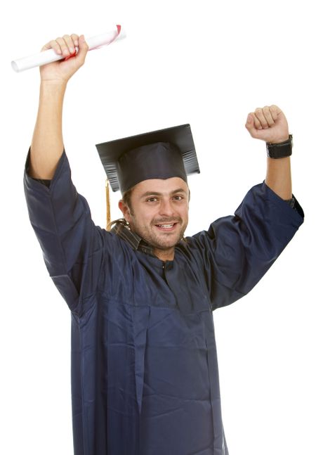 Happy male graduate isolated over a white background