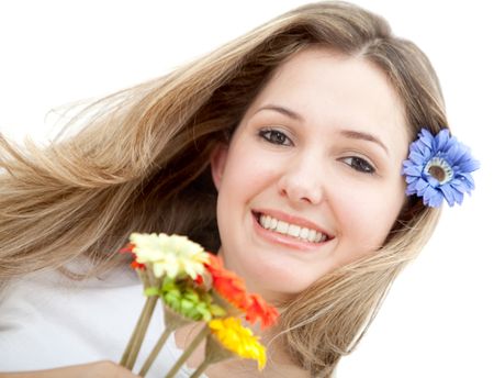 Woman with flowers on her head isolated over white