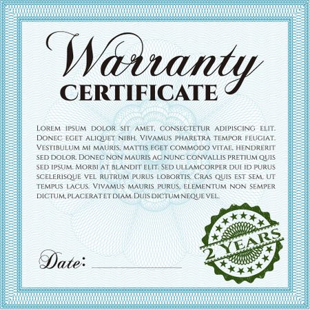 Warranty Certificate template. Vector illustration. Complex border design. Easy to print. 