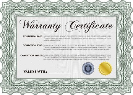 Warranty template. Vector illustration. With sample text. Complex frame design. 