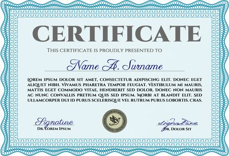 Certificatem diplmoa or award template. Money style design. Design template. With guilloche pattern. Light blue color.