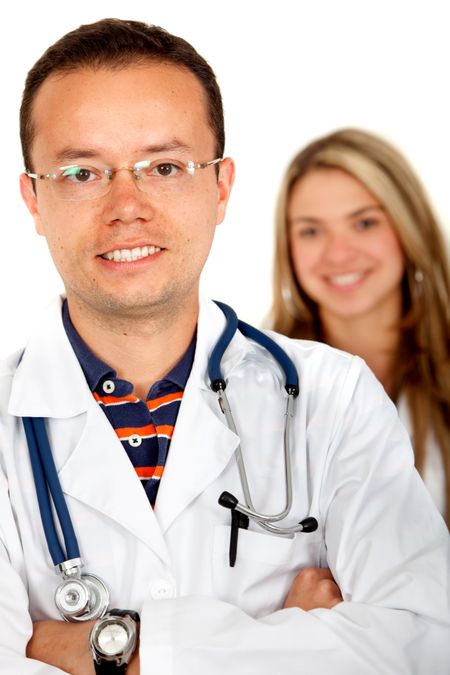 Couple of doctors portrait isolated over white
