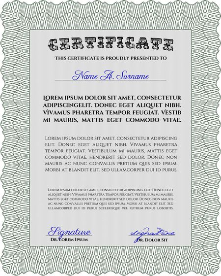 Certificate of achievement template. Diploma of completion. With guilloche pattern and background. Money design. Green color.