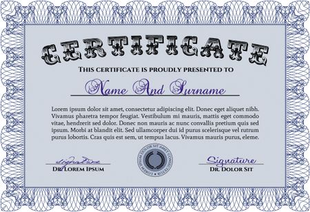 Blue Certificatem diplmoa or award template. Design template. Money style design. With guilloche pattern. 