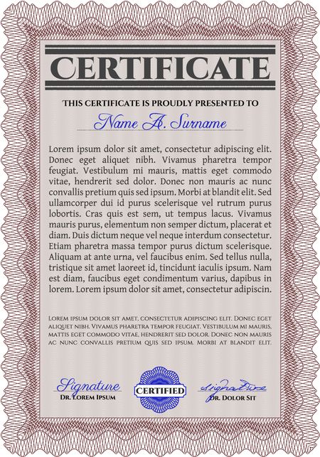 Red Classic Certificate template. With great quality guilloche pattern. Money Pattern design. Award. 