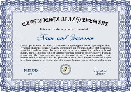 Certificate of achievement. Sophisticated design. With guilloche pattern and background. Diploma of completion. Blue color.
