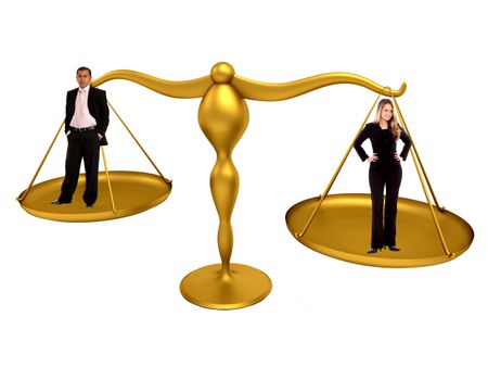 Business couple on a golden scales isolated