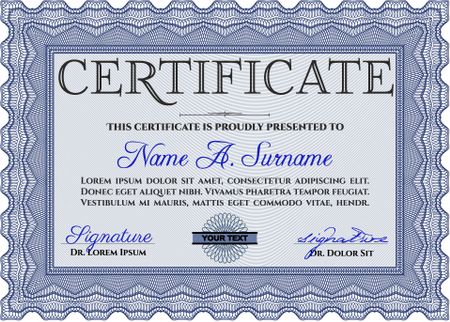 Certificate of achievement. With guilloche pattern and background. Sophisticated design. Diploma of completion. Blue color.