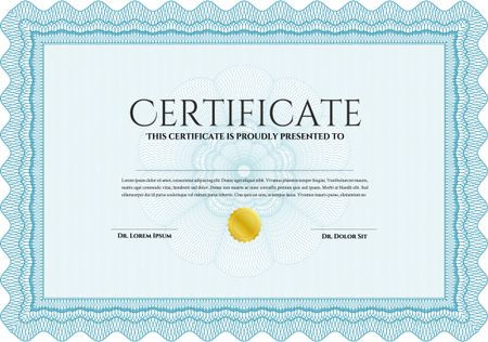 Certificate of achievement. With guilloche pattern and background. Sophisticated design. Diploma of completion. Light blue color.