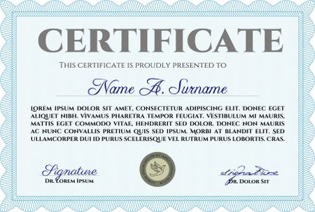 Light blue Classic Certificate template. With great quality guilloche pattern. Money Pattern design. Award. 