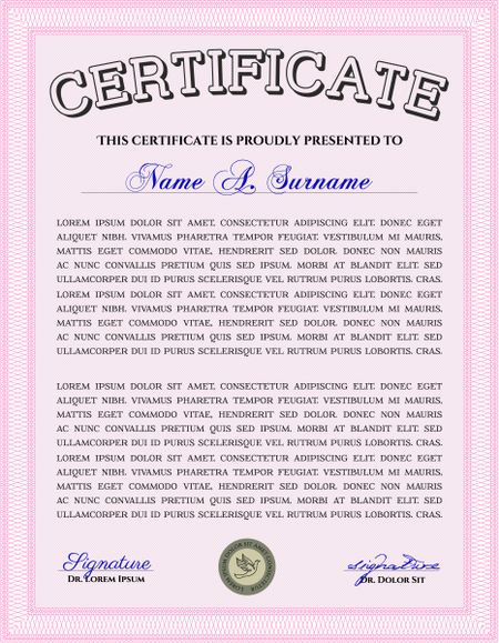 Sample certificate or diploma. Vector certificate template. Retro design. With complex linear background. Pink color.