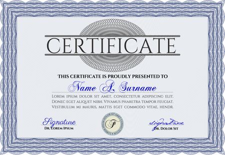 Awesome Certificate template. With great quality guilloche pattern. Award. Money Pattern. Blue color.