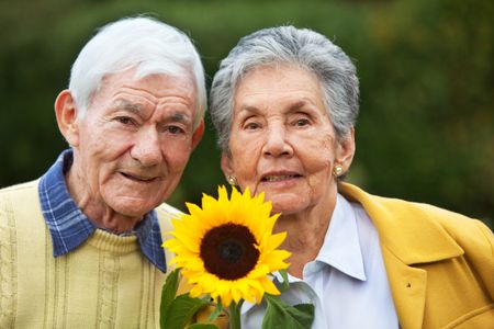 elderly couple portrait with a sunflower outdoors