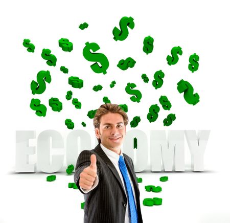 Happy business man under a money rain isolated
