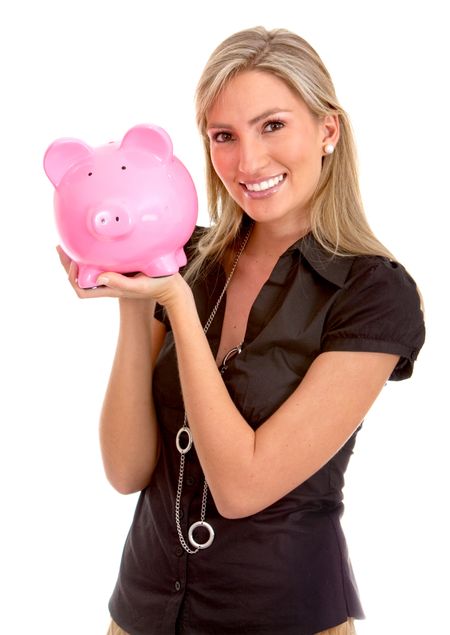 Business woman with a piggybank isolated on white