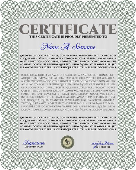 Green Certificate or diploma template. Easy to print. Customizable, Easy to edit and change colors. Cordial design. 