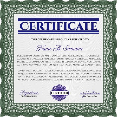 Certificate or diploma template. Easy to print. Customizable, Easy to edit and change colors. Cordial design. Green color.