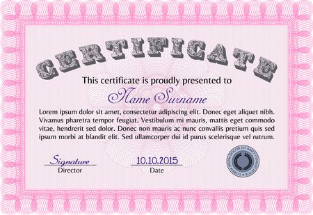 Diploma template or certificate template. With quality background. Beauty design. Vector pattern that is used in money and certificate. Pink color.