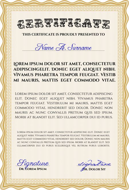 Classic Certificate template. Money Pattern design. With great quality guilloche pattern. Award. Orange color.