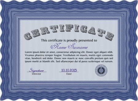 Sample certificate or diploma. Elegant design. Vector certificate template. With complex linear background. Blue color.
