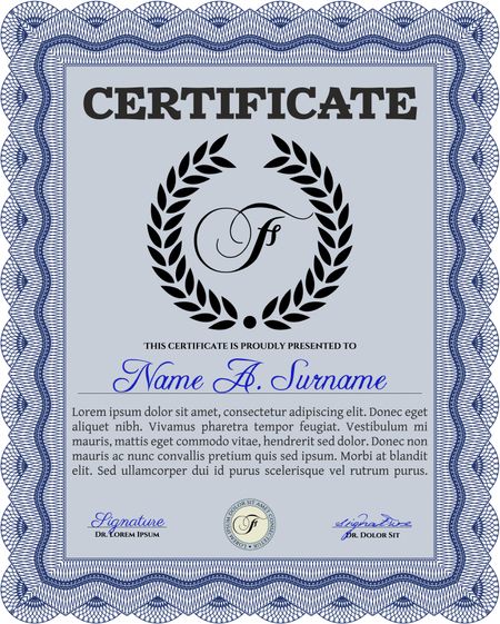 Certificate template or diploma template. Superior design. Complex background. Vector pattern that is used in currency and diplomas.Blue color.