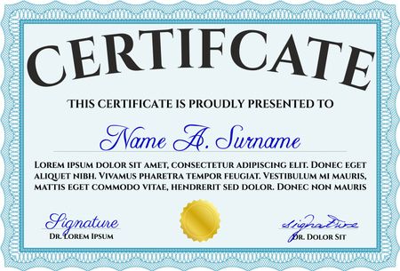 Certificate template. Easy to print. Cordial design. Customizable, Easy to edit and change colors. Light blue color.