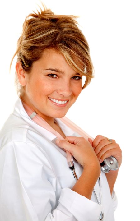 Female doctor with a stethoscope smiling isolated on white