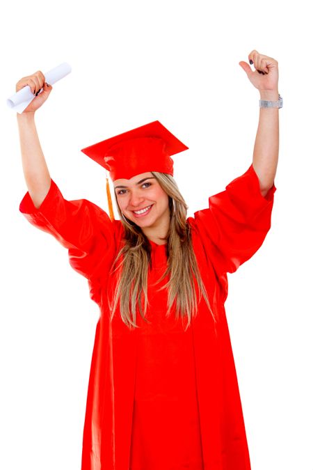 Happy graduation student with arms up isolated