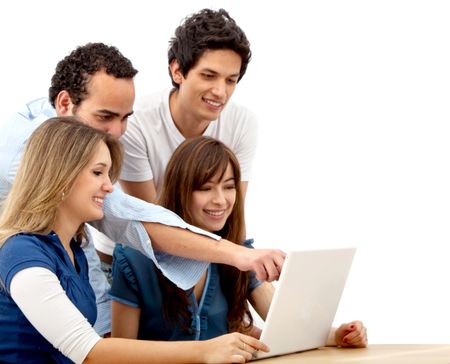 happy group of friends with a laptop isolated