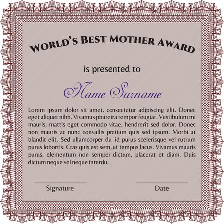 World's Best Mom Award. Printer friendly. Complex design. Detailed. 