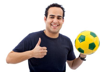 happy man with a soccer ball isolated on white